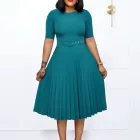 Pleated Midi Dress for Women Round Neckline Plus Size Available Green and Dark Blue Wholesale with Low MOQ