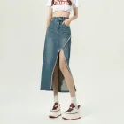 High Waist A Line Denim Skirt Vintage Style Frayed Hem Irregular Split Design Spring Fashion