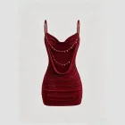 Womens Spring Summer Cross Back Dress Pleated Neckline Chain Detail Elegant Design Perfect for Parties and Events