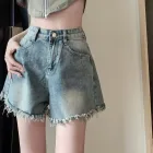 High Waist Denim Shorts for Women Loose Fit Frayed Hem Vintage Blue Summer Casual Wear