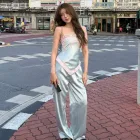 High Waist Satin Straight Leg Pants for Women Casual Street Style Available in Blue and Pink Wholesale Supply