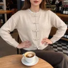 Womens Cardigan Sweater Korean Style Solid Color with Chinese Knot Lightweight for Casual Wear
