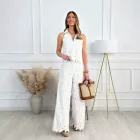 Womens Summer French Style Embroidered Hollow V Neck Tank Top and Wide Leg Pants Set in Multiple Colors Wholesale