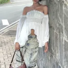 Off Shoulder Ruffled Blouse Slim Fit Lantern Sleeves Wrinkled Fabric Spring Fashion Wholesale Available