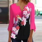 V Neck Loose Fit Ruffle Sleeve Printed T Shirt for Women in Red Casual Summer Style