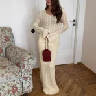 Knitted Two Piece Set Hollow Out Design Long Sleeve Top and Midi Skirt Cotton Fabric Casual Vacation Wear Wholesale
