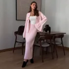 Womens Knitted Polo Sweater Set Solid Color Flare Sleeve Cardigan and Skirt Autumn Winter Fashion
