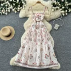 French Country Style Floral Print Maxi Dress High Waist A Line Silhouette Sleeveless Summer Vacation Wear Wholesale