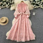 French Romantic Style Embroidered A Line Dress Lantern Sleeves High Collar Waist Defining Elegant Long Dress