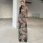 Sheer Floral Print High Neck Bodycon Dress for Women Khaki Spring Summer Fashion