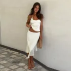 Womens Casual Outfit Set Sexy Backless U Neck Camisole and Elegant Midi Skirt Spring Collection