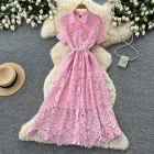 Pink Lace A Line Dress for Women Short Sleeve Collared Slim Fit Elegant Style for Parties and Events Wholesale
