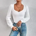 Womens V Neck Long Sleeve T Shirt with Puff Sleeves and Lace Trim in White for Spring Summer Casual Wear Wholesale