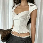 Womens Summer T Shirt Ruffle Trim Pleated Design Waist Cinching Short Sleeve Casual Fashion Top Wholesale