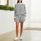 Womens Casual Striped Color Block Sweatshirt Set Loose Fit Long Sleeve Round Neck Top with Shorts Spring Autumn Wholesale