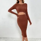 Knit Bodycon Dress for Women Hollow Waist Design Slim Fit Long Skirt Available in Brown Wholesale Low MOQ