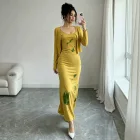 French Style Blue Floral Bodycon Dress Set Slim Fit Waist Cinching Spaghetti Straps Spring Fall Vacation Wear