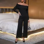 Black Off Shoulder Wide Leg Jumpsuit for Women Casual Fit Long Sleeve Perfect for Spring and Summer