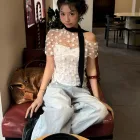 Womens Sheer Mesh Top Set Sexy Asymmetrical Neckline Spring Fashion OEM ODM service