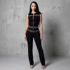 Womens Summer Casual Outfit Set Sleeveless Zip Top with Rhinestones and Fitted Pants Available in Black and Gray Wholesale