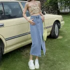 Light Blue High Waist A Line Midi Skirt for Women with Side Slit Casual Summer Wear in Multiple Sizes