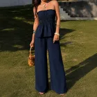 Off Shoulder Crop Top and Wide Leg Pants Set for Women Slim Fit Casual Style Available in Blue Wholesale Sizes S to XL