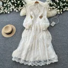 French Court Style Embroidered Lace Dress Puff Sleeves High Neck Waist Tie Elegant Long Dress for Autumn Wholesale