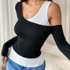 Asymmetrical Black Tank Top with Long Sleeves and Unique Design for Spring and Autumn Wholesale low MOQ