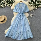 Pink Lace Embroidered A Line Dress High Waist Slim Fit Elegant Style Summer Occasion Wholesale Available