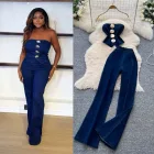 Womens Denim Set Metallic Button Cami Top and High Waist Slim Flare Pants Casual Fashion