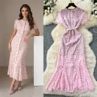 Luxury Lace Mermaid Dress Short Sleeve Round Neck Rhinestone Embellished Slim Fit Evening Gown for Formal Events