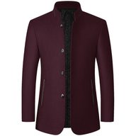 Mens Woolen Jacket Stand Collar Mid Length Warm Fabric Fall Winter Style for Middle Aged Wholesa