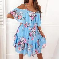 Chiffon Floral Print Off Shoulder Dress for Women Short Sleeve Princess Cut Cute Style for Spring Summer Wholesale