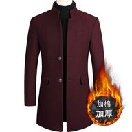Mens Wool Blend Overcoat Casual Slim Fit Mid Length Dragon and Phoenix Pattern Autumn and Winter