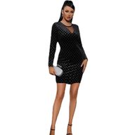 Luxury Velvet Bodycon Dress with Sheer Mesh Panels and Rhinestone Details Elegant Waist Cinching Design Perfect for