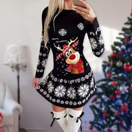 Womens Long Sleeve Christmas Print Dress Elegant Casual Style Polyester Fabric Available in Red and Green Wholesale Sizes S