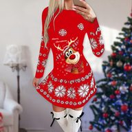 Womens Long Sleeve Christmas Print Dress Elegant Casual Style Polyester Fabric Available in Red and Green Wholesale Sizes S