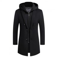 Mens Casual Wool Blend Overcoat Mid Length Removable Hood Trendy Design Versatile Outerwear for
