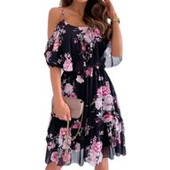 Chiffon Floral Print Off Shoulder Dress for Women Short Sleeve Princess Cut Cute Style for Spring Summer Wholesale