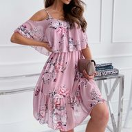 Chiffon Floral Print Off Shoulder Dress for Women Short Sleeve Princess Cut Cute Style for Spring Summer Wholesale