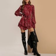 Floral Print High Waist Pleated Dress for Women Long Sleeve Ruffle Hem Casual Spring Style