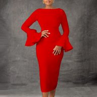 Fashionable Solid Color Bodycon Dress with Flared Sleeves Winter Collection Office Wear Wholesale Available