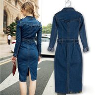 Womens Long Sleeve A Line Denim Dress with Button Closure Casual Fit Polo Neck Available in Plus Sizes Wholesale