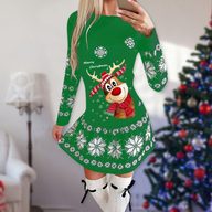 Womens Long Sleeve Christmas Print Dress Elegant Casual Style Polyester Fabric Available in Red and Green Wholesale Sizes S