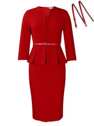 V Neck Ruffle Hem High Waisted Pencil Dress Slim Fit Office Wear Winter Fashion Wholesale Available