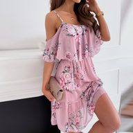 Chiffon Floral Print Off Shoulder Dress for Women Short Sleeve Princess Cut Cute Style for Spring Summer Wholesale