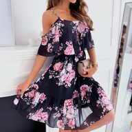 Chiffon Floral Print Off Shoulder Dress for Women Short Sleeve Princess Cut Cute Style for Spring Summer Wholesale