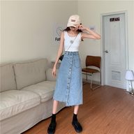 High Waist A Line Denim Skirt for Women Irregular Hem Mid Length Button Closure Casual Summer Wear