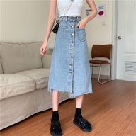 High Waist A Line Denim Skirt for Women Irregular Hem Mid Length Button Closure Casual Summer Wear