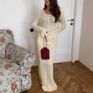 Knitted Two Piece Set Hollow Out Design Long Sleeve Top and Midi Skirt Cotton Fabric Casual Vacation Wear Wholesale